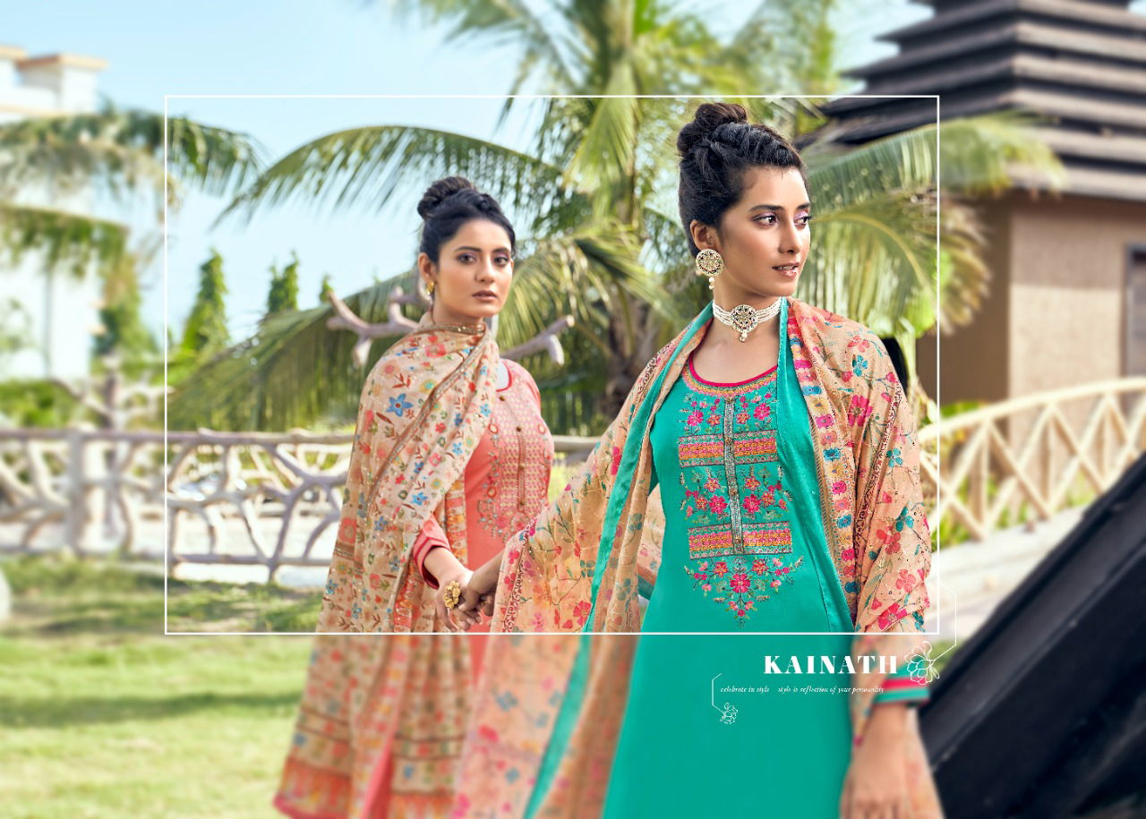 Kainath Latest Digital Jam Silk with Embroidery Work Designer Dress Material Collection.